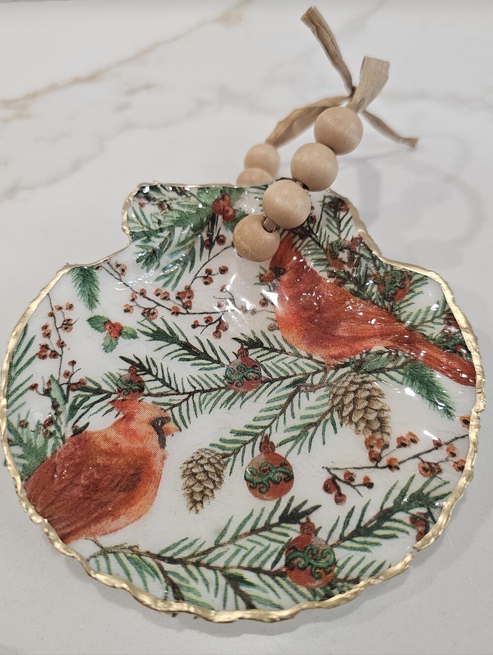 Handmade Decoupaged Cardinal Bird Large Resin Sealed Scallop Christmas Ornament